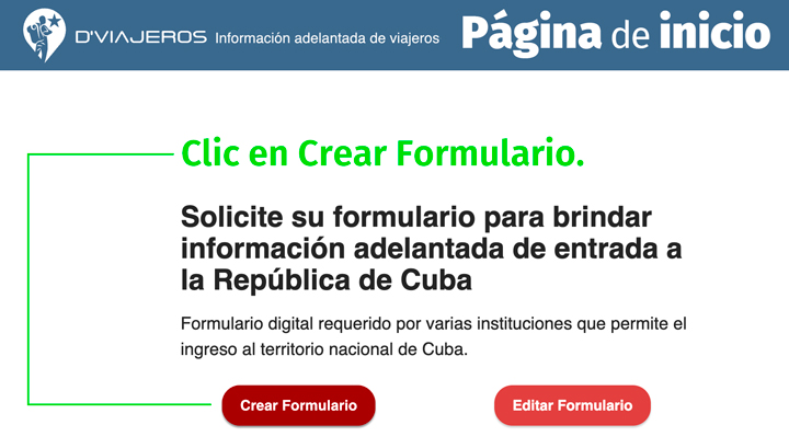 D'Viajeros Cuban Entry Form homepage.