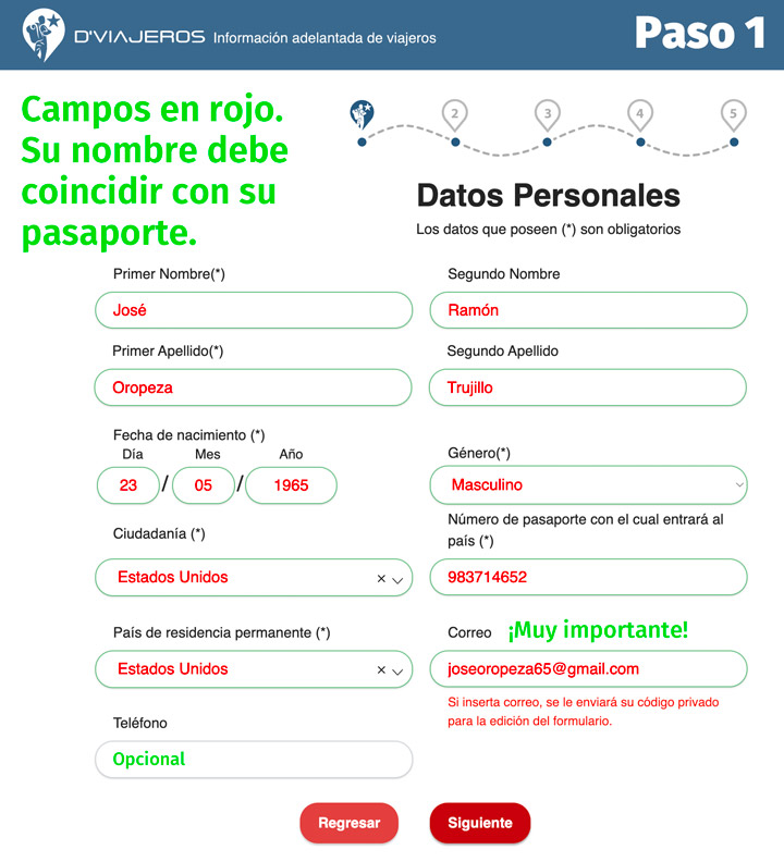 D'Viajeros Cuban Entry Form Personal Data page.