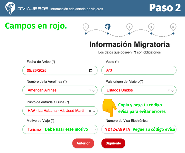 D'Viajeros Cuban Entry Form Migratory Information page.