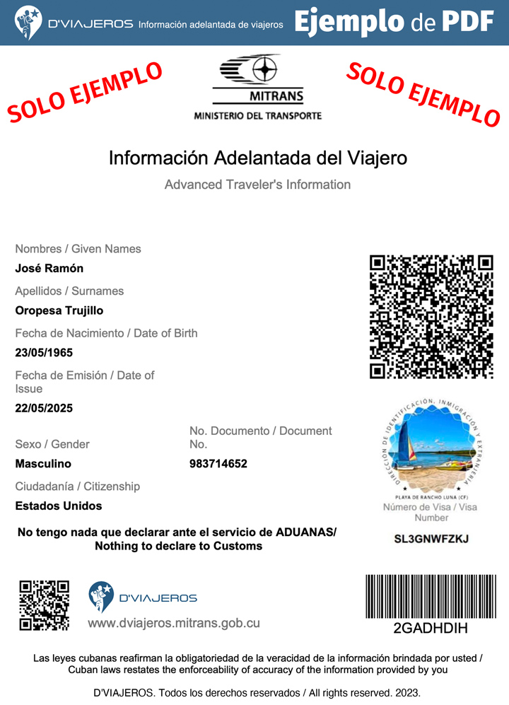 D'Viajeros Cuban Entry Form Success PDF QR Code Result page.